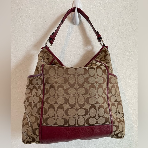 Coach Park signature hobo, jacquard, print, burgundy, trim F 30341 top zip - Picture 6 of 11